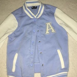 Baby blue joe boxer bomber letterman’s jacket